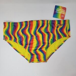 NWT Speedo Eco Endurance Rainbow Pride Tide Men's Swim Brief 38 Yellow Red Blue